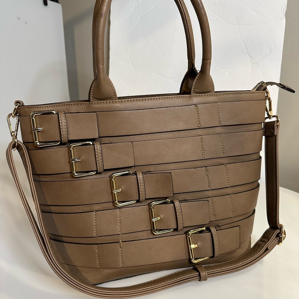 Taupe multi buckle satchel crossbody strap Women’s fashion bag